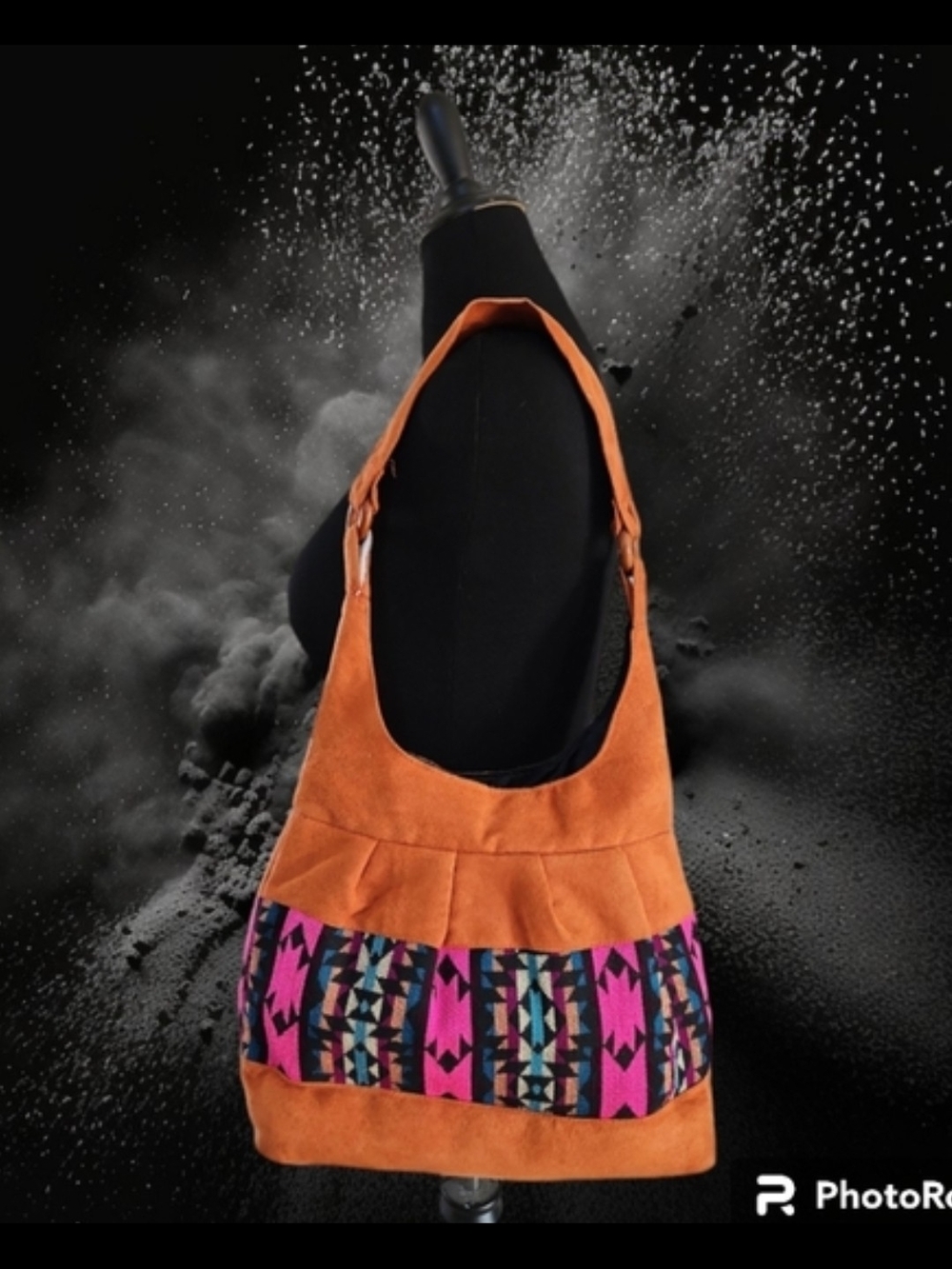 Orange Microsuede Hobo Bag with Colorful Aztec Accent